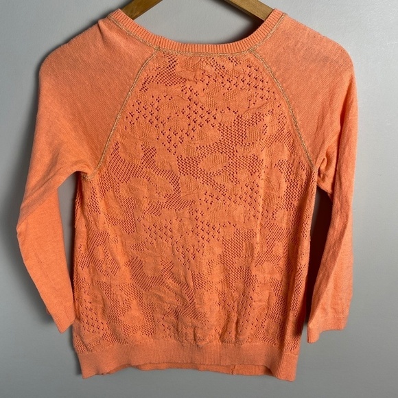 Anthropologie MOTH Women's‎ Peach Open Crochet Long Sleeve Lightweight Sweater S - Picture 4 of 11